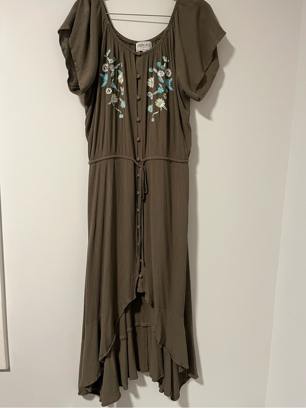 Cherokee Olive High-Low Maxi Dress with Floral Embroidery
